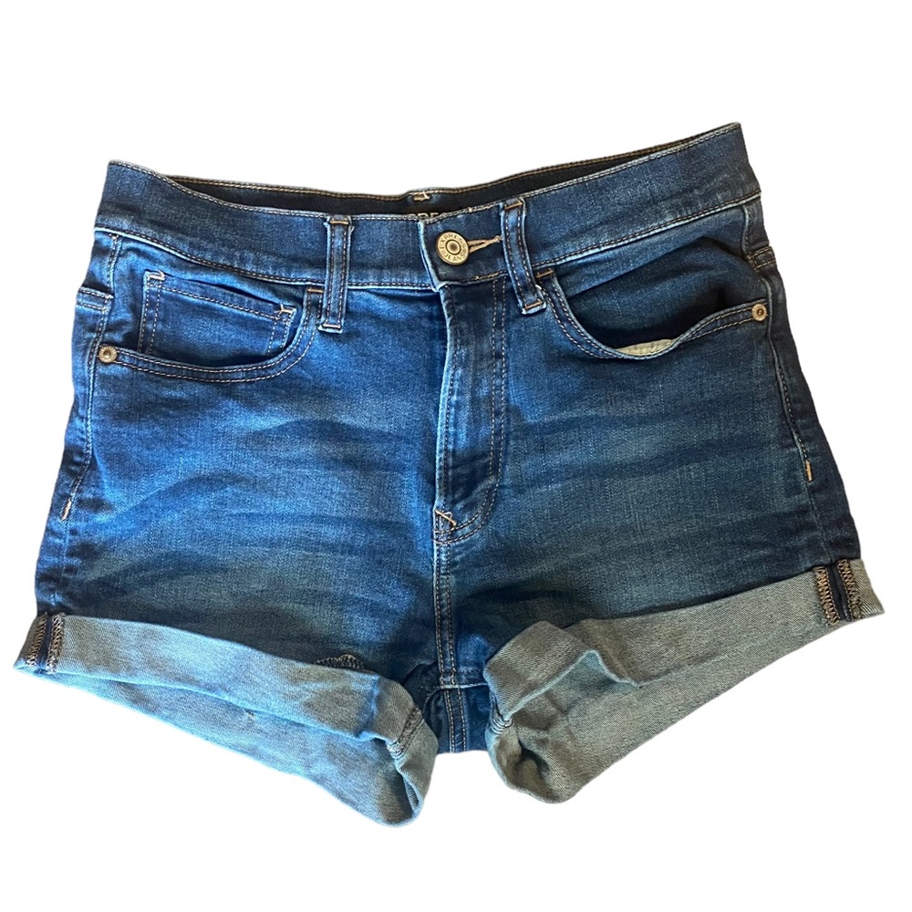 Express womens jean shorts size 4 high rise shortie ultimate stretch dark wash